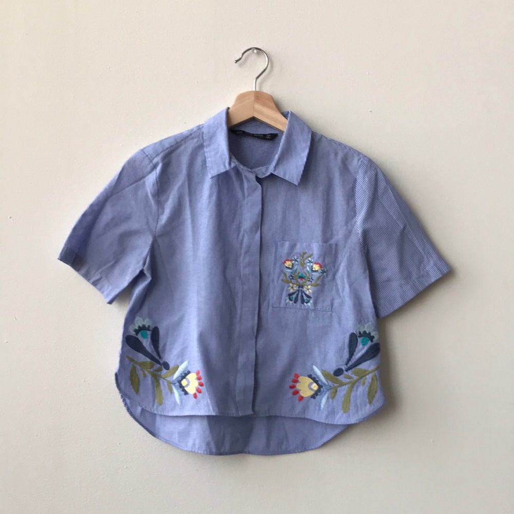 Zara Cropped & Embroidered Stripes Button-Up